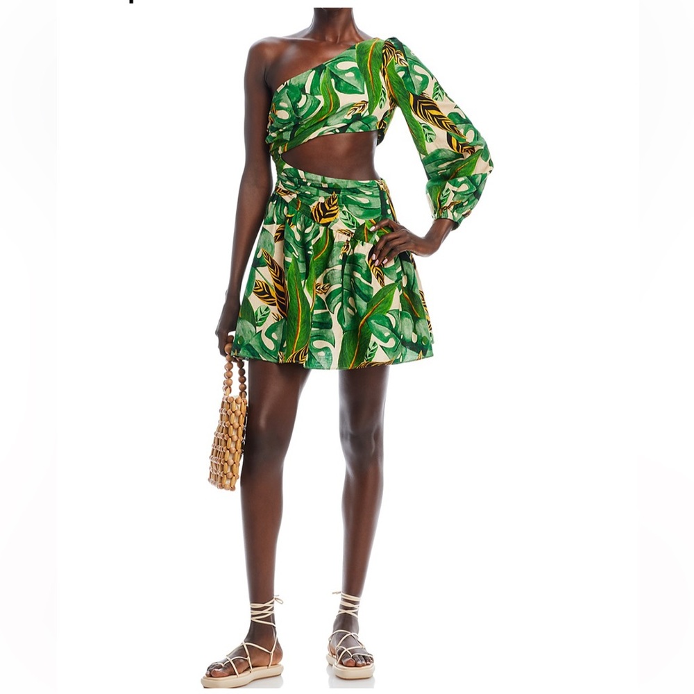 Farm Rio Tropical Leaves One Shoulder Mini Dress Green Large New with Tags - Picture 2 of 16